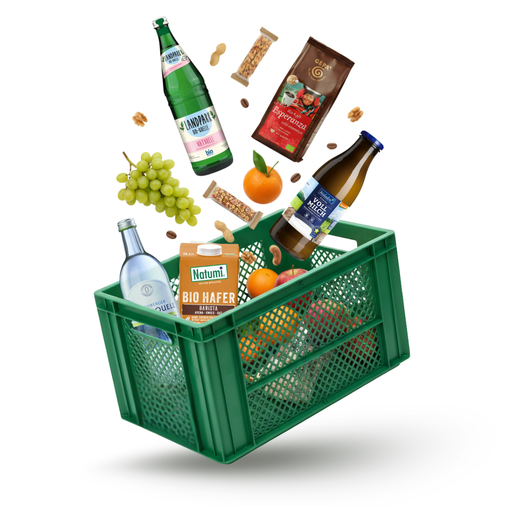Hier sieht man eine grüne Lieferkiste vom Biomobil mit Produkten für Businesskunden, wie zum Beispiel Milch, Kaffee, Obst, Mineralwasser und Snacks